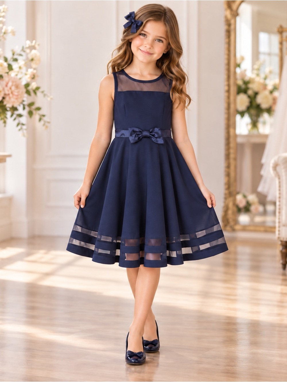 NWT Calvin Klein Girls 8 Navy Party Dress + Bow